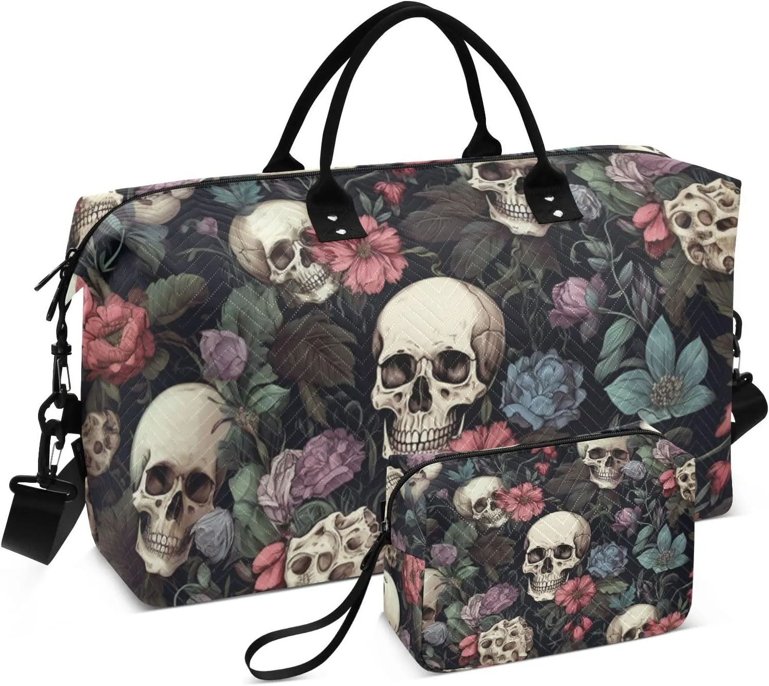 Skull Travel Duffle Bag Gym Bag, Skull Color Flower Weekender Bags for Women with Toiletry Bag Travel Tote Bag Swim Bag