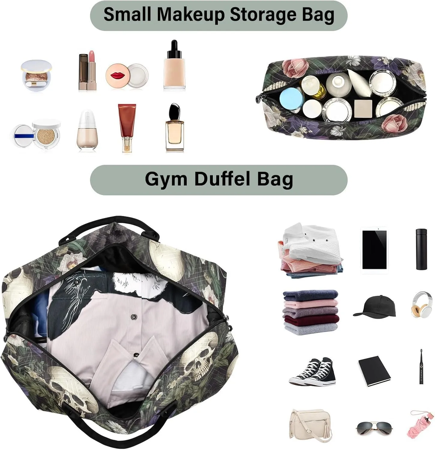 Skull Travel Duffle Gym Weekender Swim Bag with Toiletry Bag for Women - Purple White Flower
