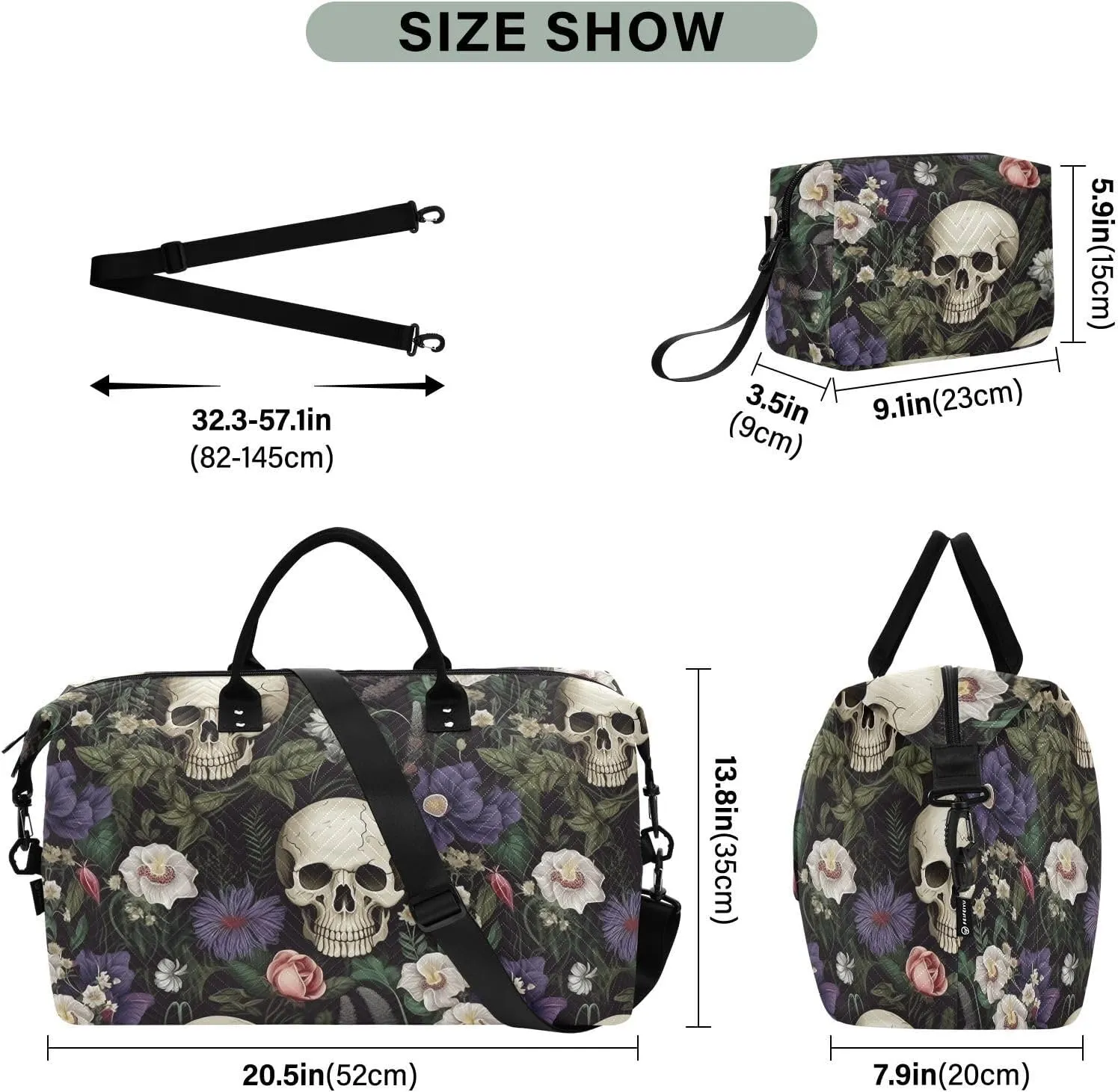 Skull Travel Duffle Gym Weekender Swim Bag with Toiletry Bag for Women - Purple White Flower