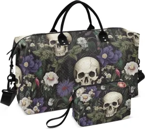 Skull Travel Duffle Gym Weekender Swim Bag with Toiletry Bag for Women - Purple White Flower