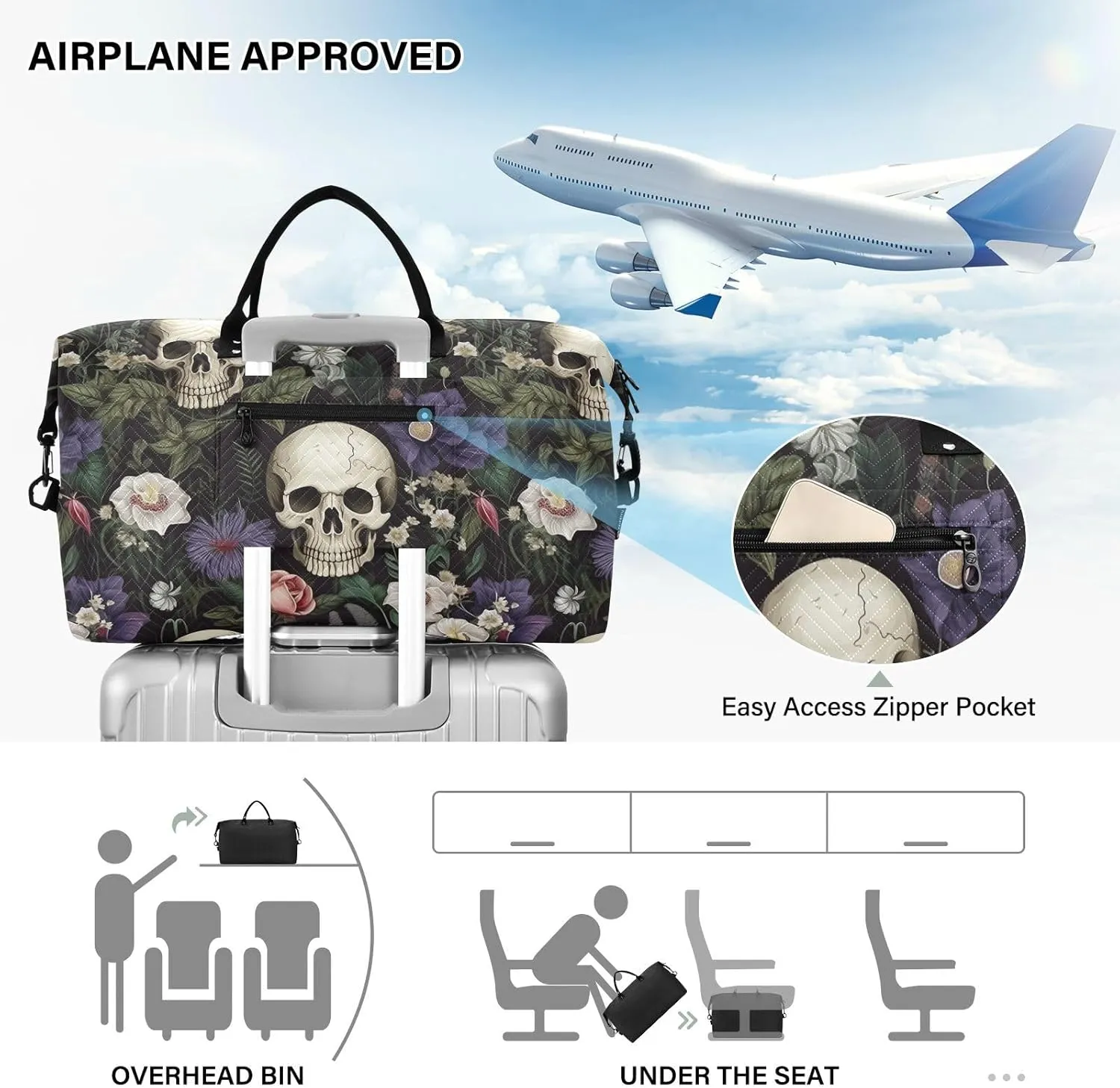 Skull Travel Duffle Gym Weekender Swim Bag with Toiletry Bag for Women - Purple White Flower