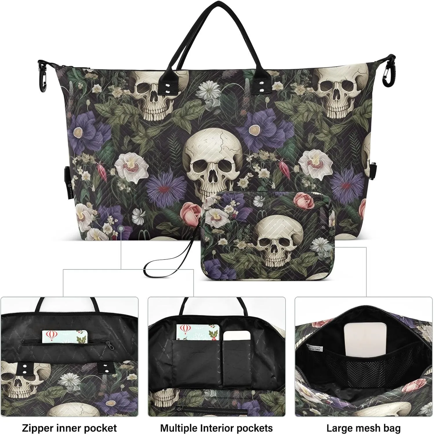Skull Travel Duffle Gym Weekender Swim Bag with Toiletry Bag for Women - Purple White Flower