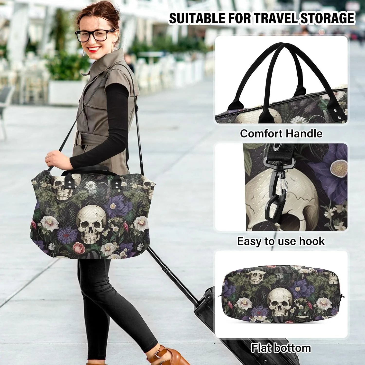Skull Travel Duffle Gym Weekender Swim Bag with Toiletry Bag for Women - Purple White Flower