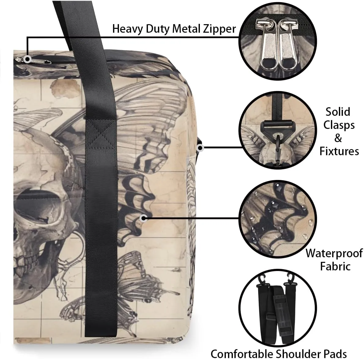 Skull Wings Butterflies Womens Travel Bags, Weekender Carry on for Women, Sport Gym Bag, Workout Duffel bag, Overnight Shoulder Bag