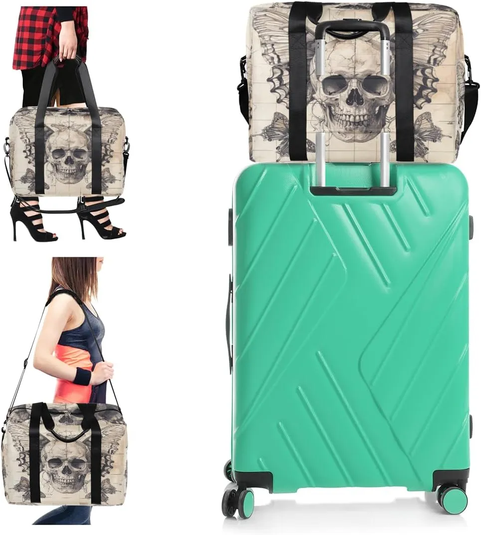Skull Wings Butterflies Womens Travel Bags, Weekender Carry on for Women, Sport Gym Bag, Workout Duffel bag, Overnight Shoulder Bag
