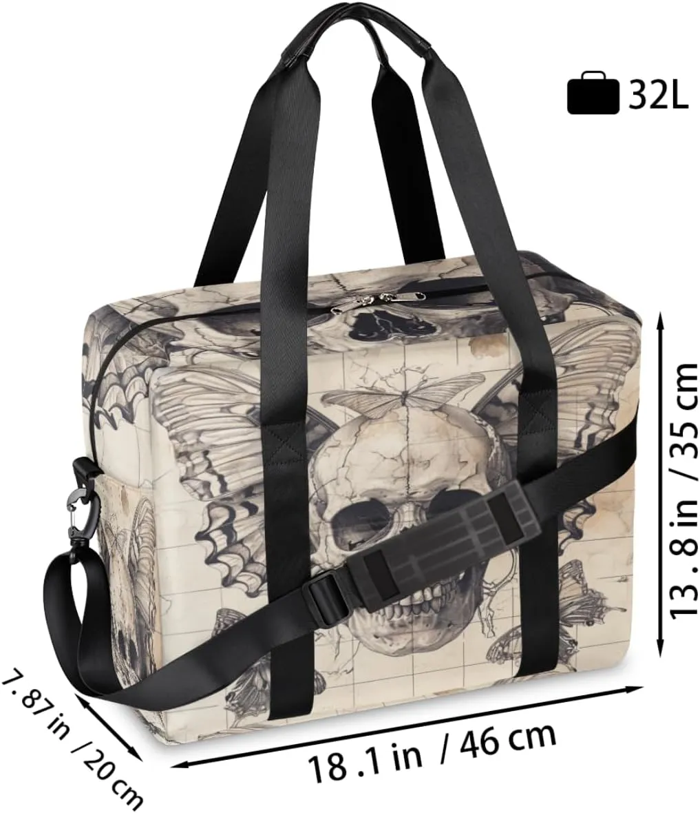Skull Wings Butterflies Womens Travel Bags, Weekender Carry on for Women, Sport Gym Bag, Workout Duffel bag, Overnight Shoulder Bag