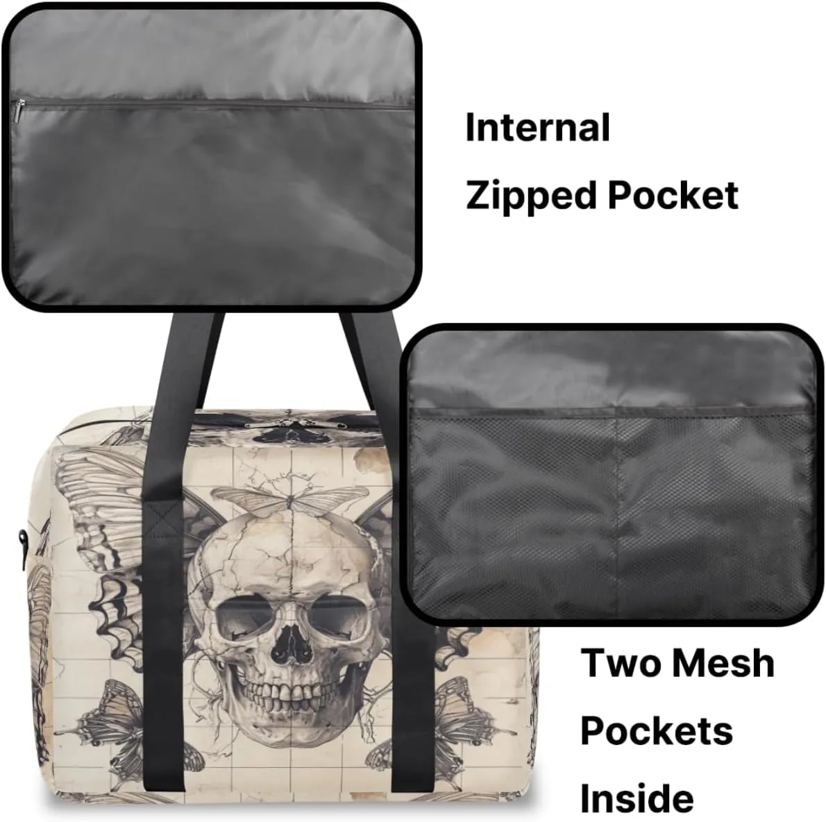 Skull Wings Butterflies Womens Travel Bags, Weekender Carry on for Women, Sport Gym Bag, Workout Duffel bag, Overnight Shoulder Bag