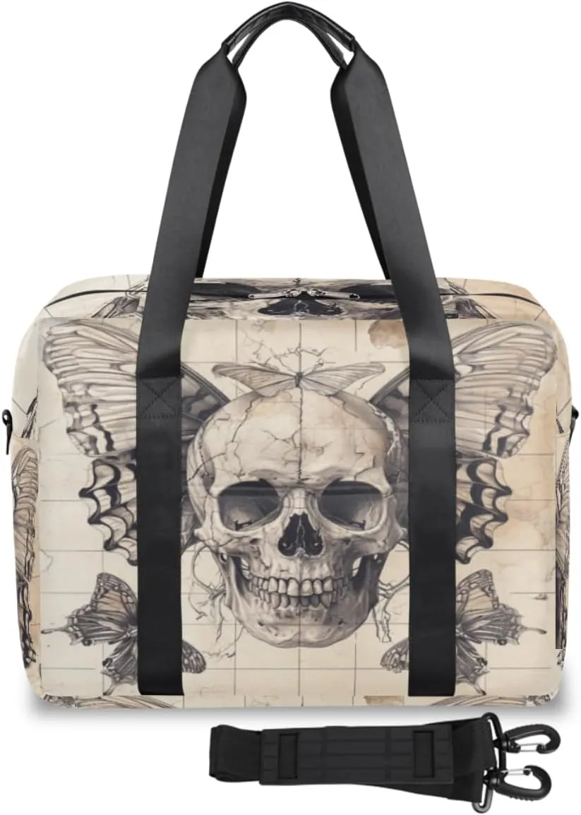 Skull Wings Butterflies Womens Travel Bags, Weekender Carry on for Women, Sport Gym Bag, Workout Duffel bag, Overnight Shoulder Bag