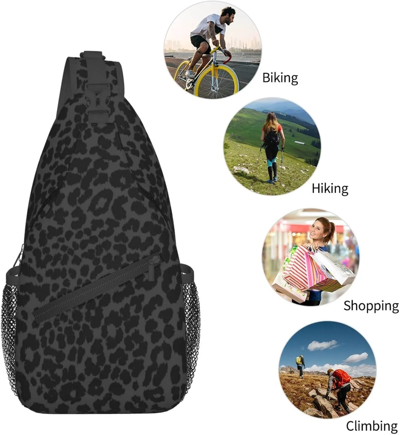 Sling Backpack,Travel Hiking Daypack Pattern Rope Crossbody Shoulder Bag, (for Dark Gray Black Leopard Cheetah Print)