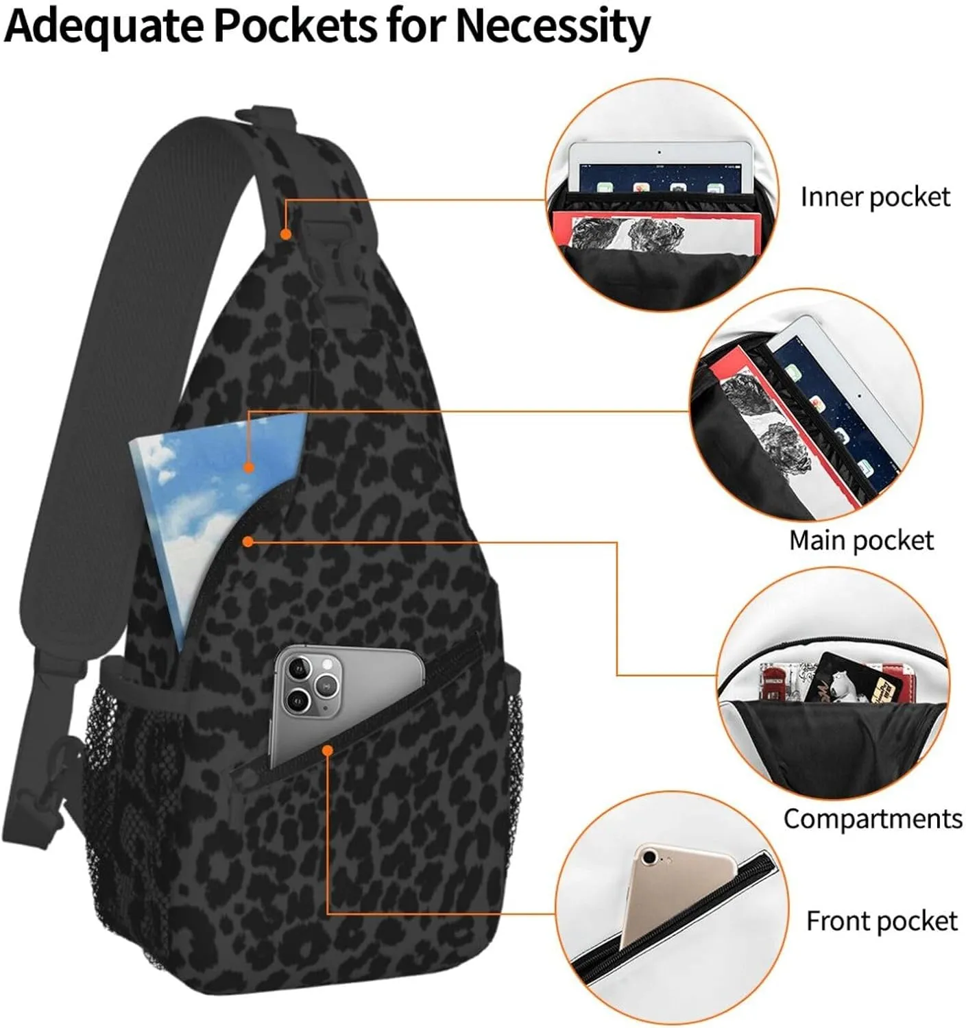 Sling Backpack,Travel Hiking Daypack Pattern Rope Crossbody Shoulder Bag, (for Dark Gray Black Leopard Cheetah Print)