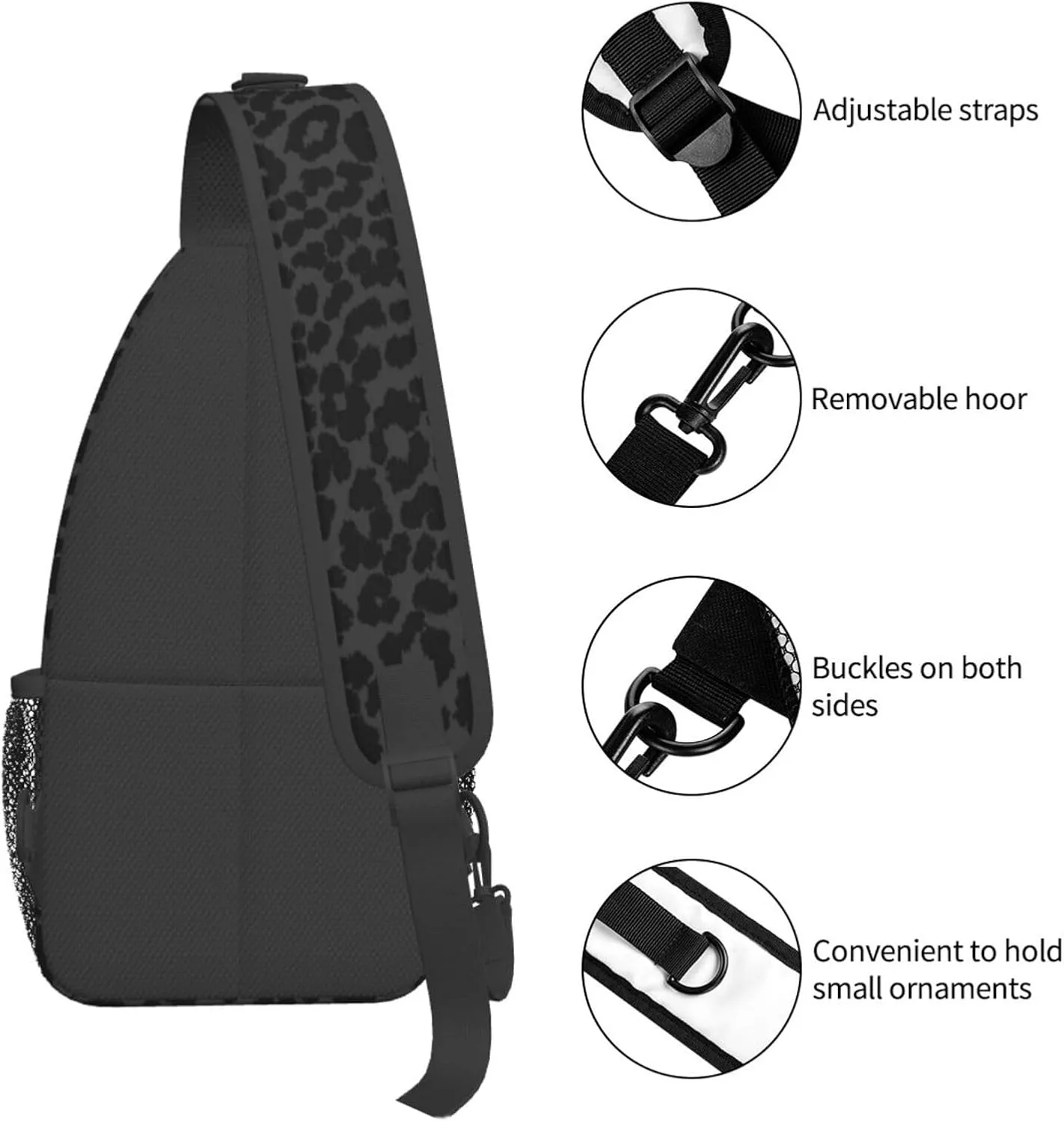 Sling Backpack,Travel Hiking Daypack Pattern Rope Crossbody Shoulder Bag, (for Dark Gray Black Leopard Cheetah Print)