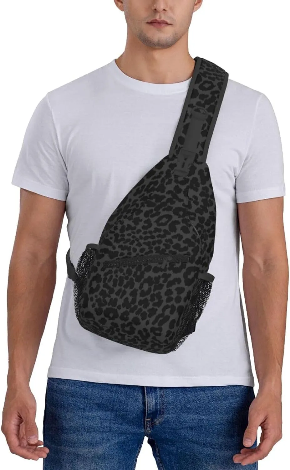 Sling Backpack,Travel Hiking Daypack Pattern Rope Crossbody Shoulder Bag, (for Dark Gray Black Leopard Cheetah Print)
