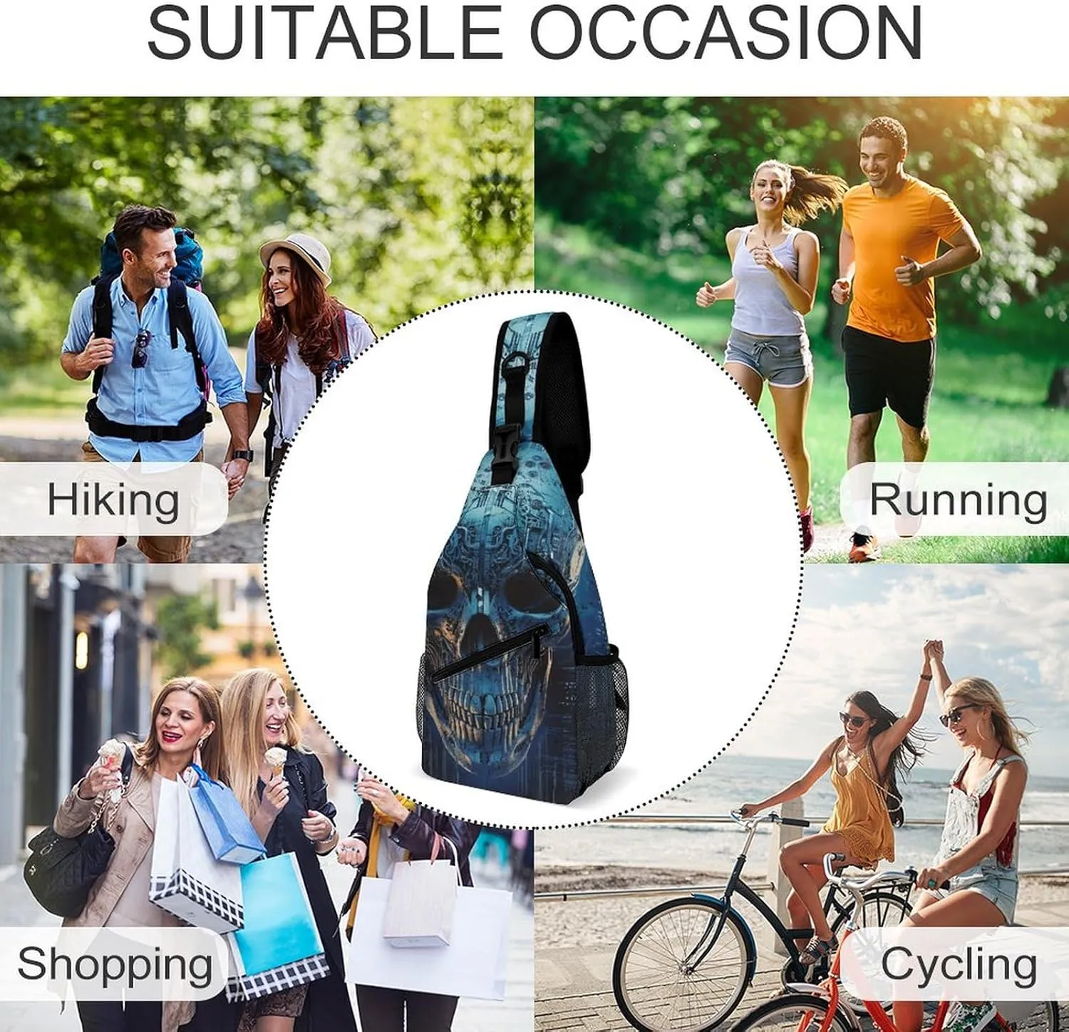 Sling Bag Crossbody Backpack for Men Women Blue Skull Design Chest Bag Crossbody Bag for Travel Sport Running