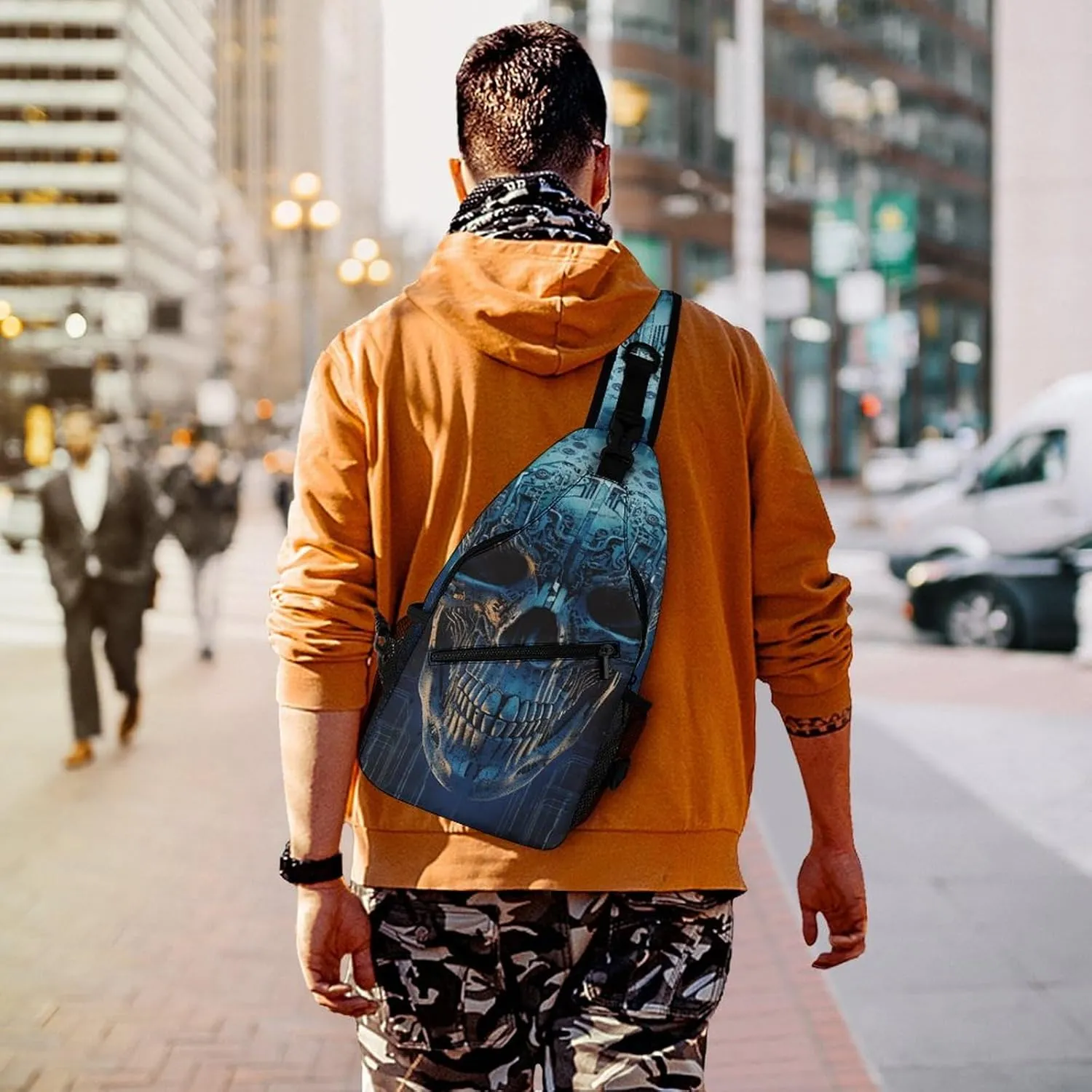 Sling Bag Crossbody Backpack for Men Women Blue Skull Design Chest Bag Crossbody Bag for Travel Sport Running