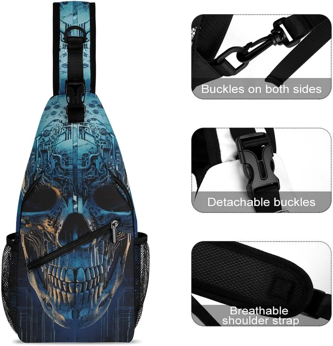 Sling Bag Crossbody Backpack for Men Women Blue Skull Design Chest Bag Crossbody Bag for Travel Sport Running
