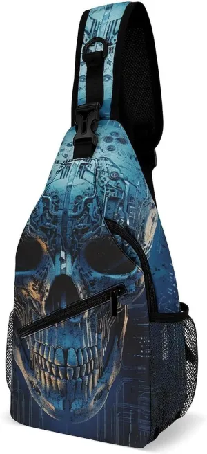 Sling Bag Crossbody Backpack for Men Women Blue Skull Design Chest Bag Crossbody Bag for Travel Sport Running