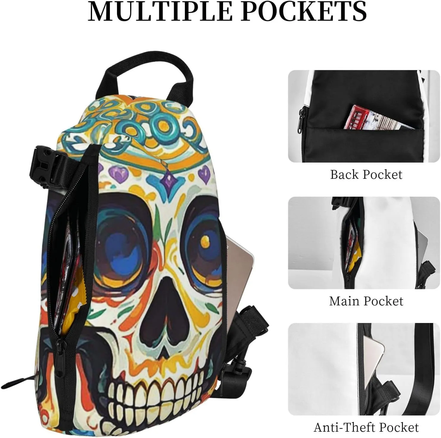 Sling Bag Crossbody Backpack for Men Women Cool Skull Graphics3 Chest Bag Crossbody Bag for Travel Sport Running
