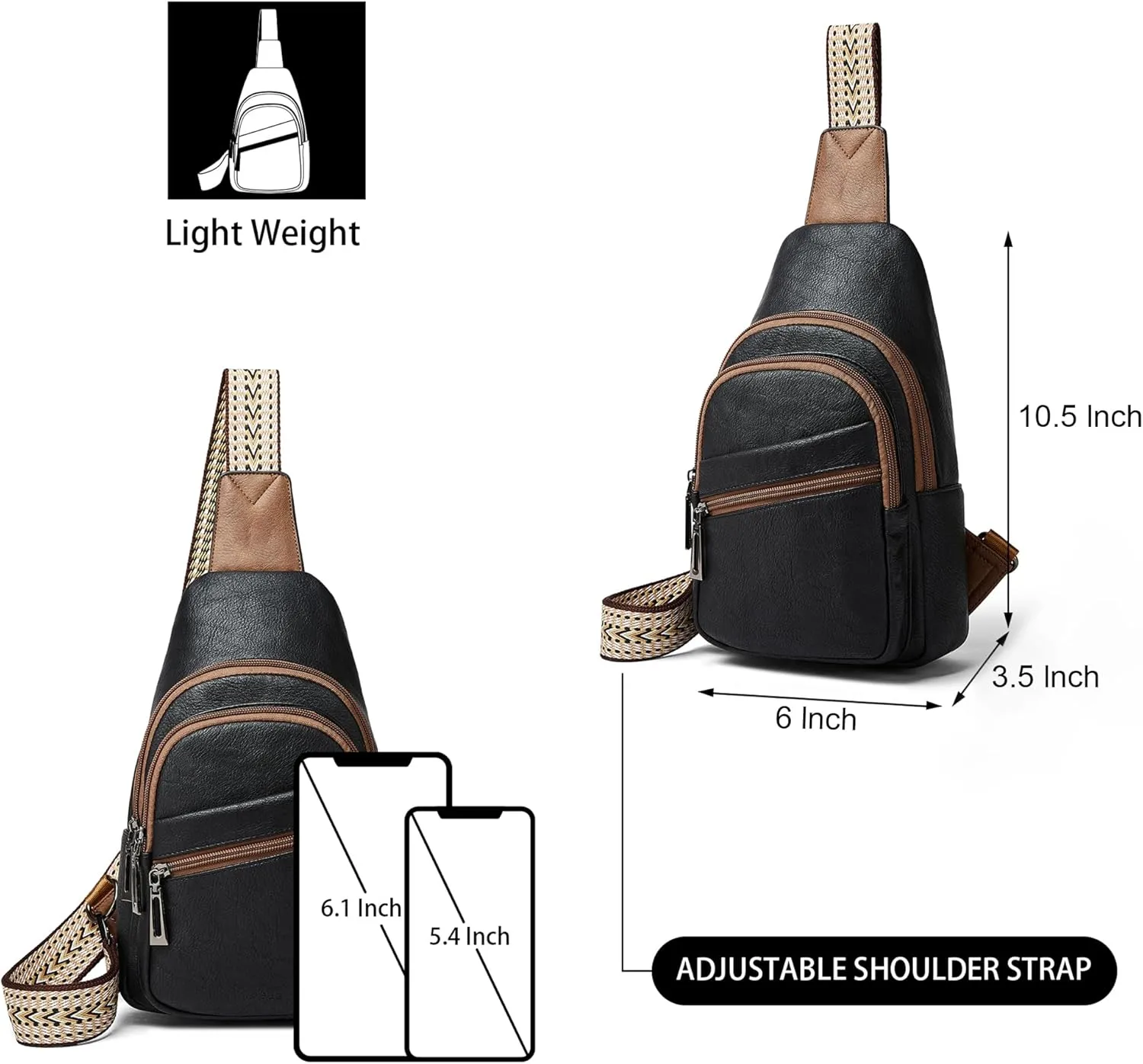 Sling Bag Crossbody Bags for Women for Travel, 3.5 x 10.5 x 6"(L x H x W),Adjustable Straps 22.5 to 44 inch