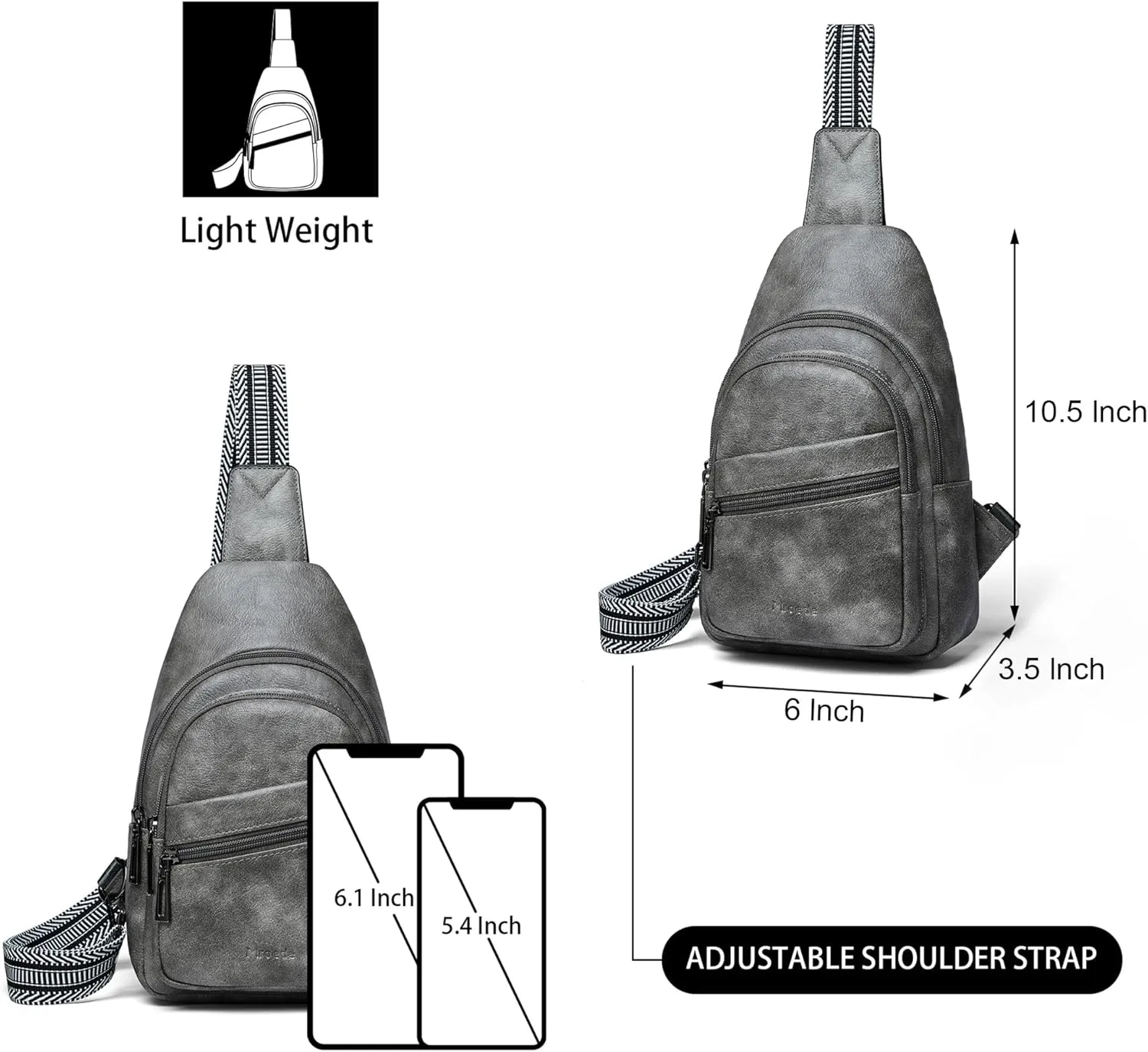 Sling Bag Crossbody Bags for Women for Travel, 3.5 x 10.5 x 6"(L x H x W),Adjustable Straps 22.5 to 44 inch