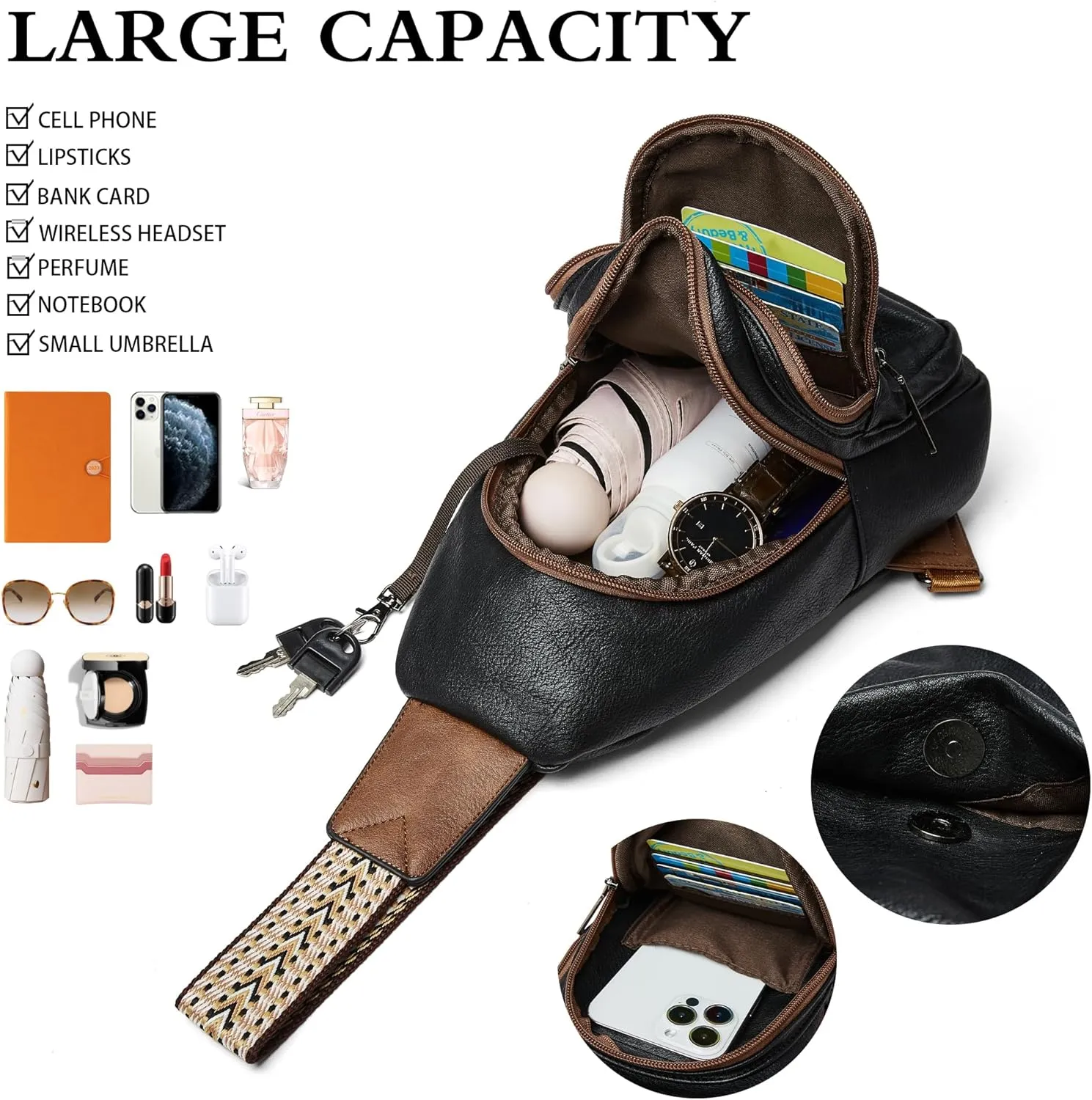 Sling Bag Crossbody Bags for Women for Travel, 3.5 x 10.5 x 6"(L x H x W),Adjustable Straps 22.5 to 44 inch