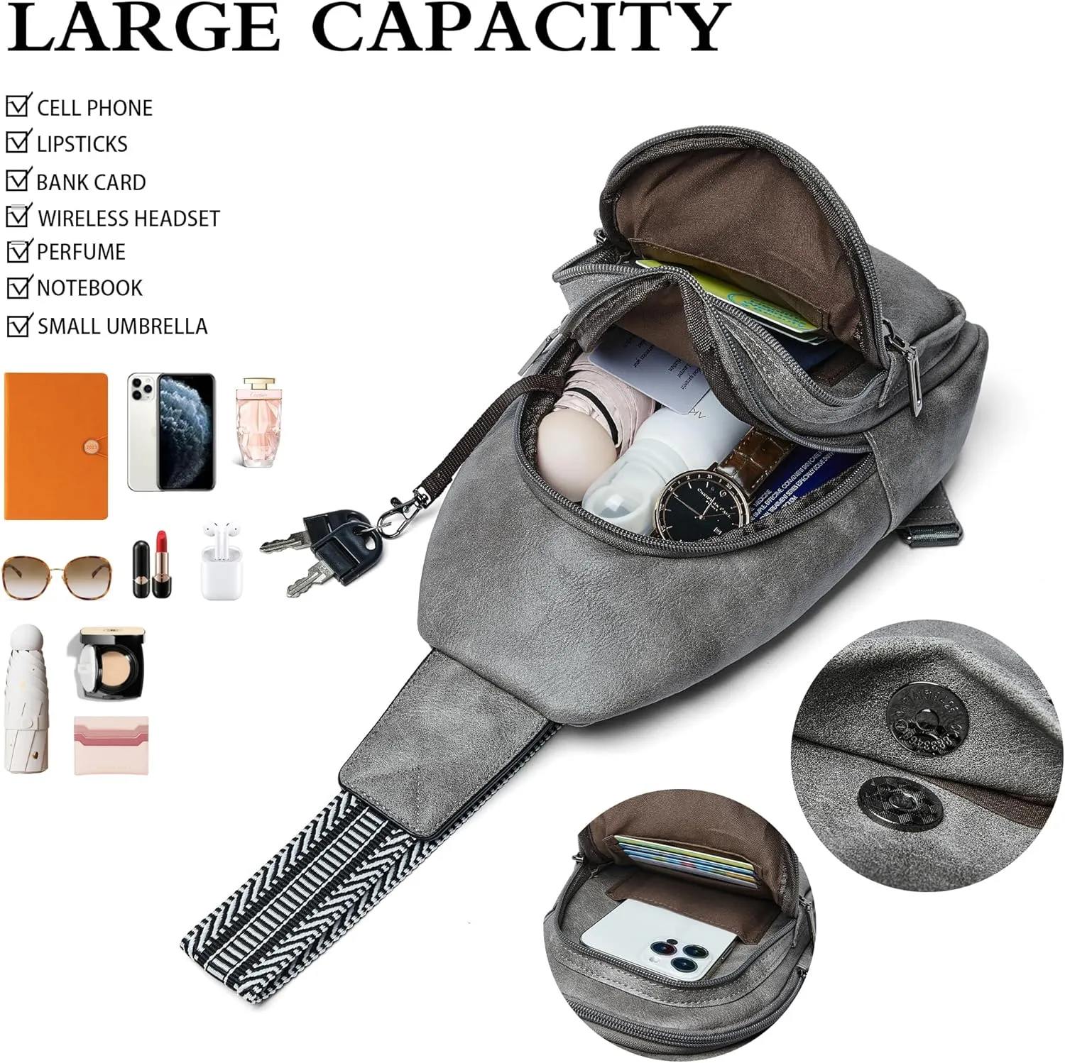 Sling Bag Crossbody Bags for Women for Travel, 3.5 x 10.5 x 6"(L x H x W),Adjustable Straps 22.5 to 44 inch