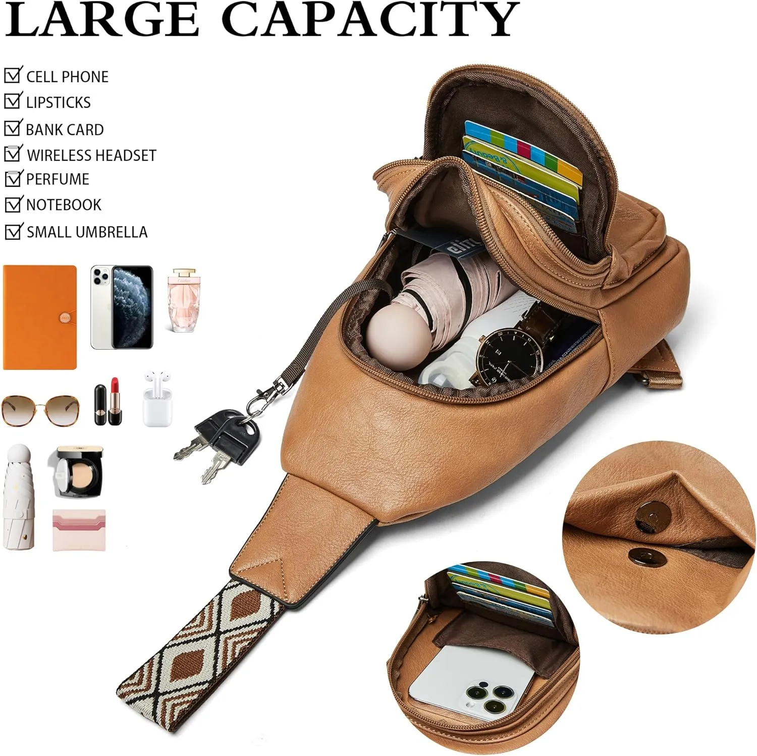 Sling Bag Crossbody Bags for Women for Travel, 3.5 x 10.5 x 6"(L x H x W),Adjustable Straps 22.5 to 44 inch
