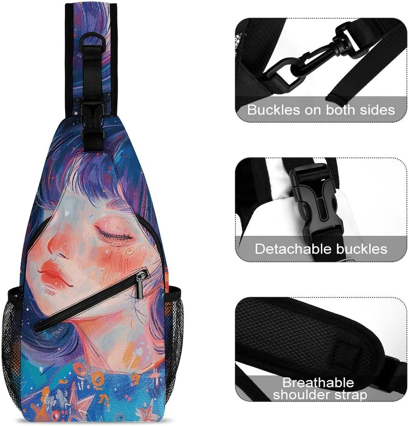 Sling Bag for Women Men Daypack Art Style Fantasy Chest Bag Crossbody Backpack for Hiking Travel