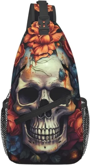 Sling Bag For Women Men Lightweight Waterproof Crossbody Shoulder Backpack Skull Surrounded By Flowers Chest Bags Travel Hiking Casual Daypack