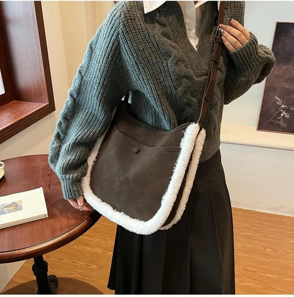 Slouchy Suede Crescent Shoulder Bag Women Trendy Hobo Bags Crossbody Purse Cute Plush Satchels Bag Top-handle Tote Handbag
