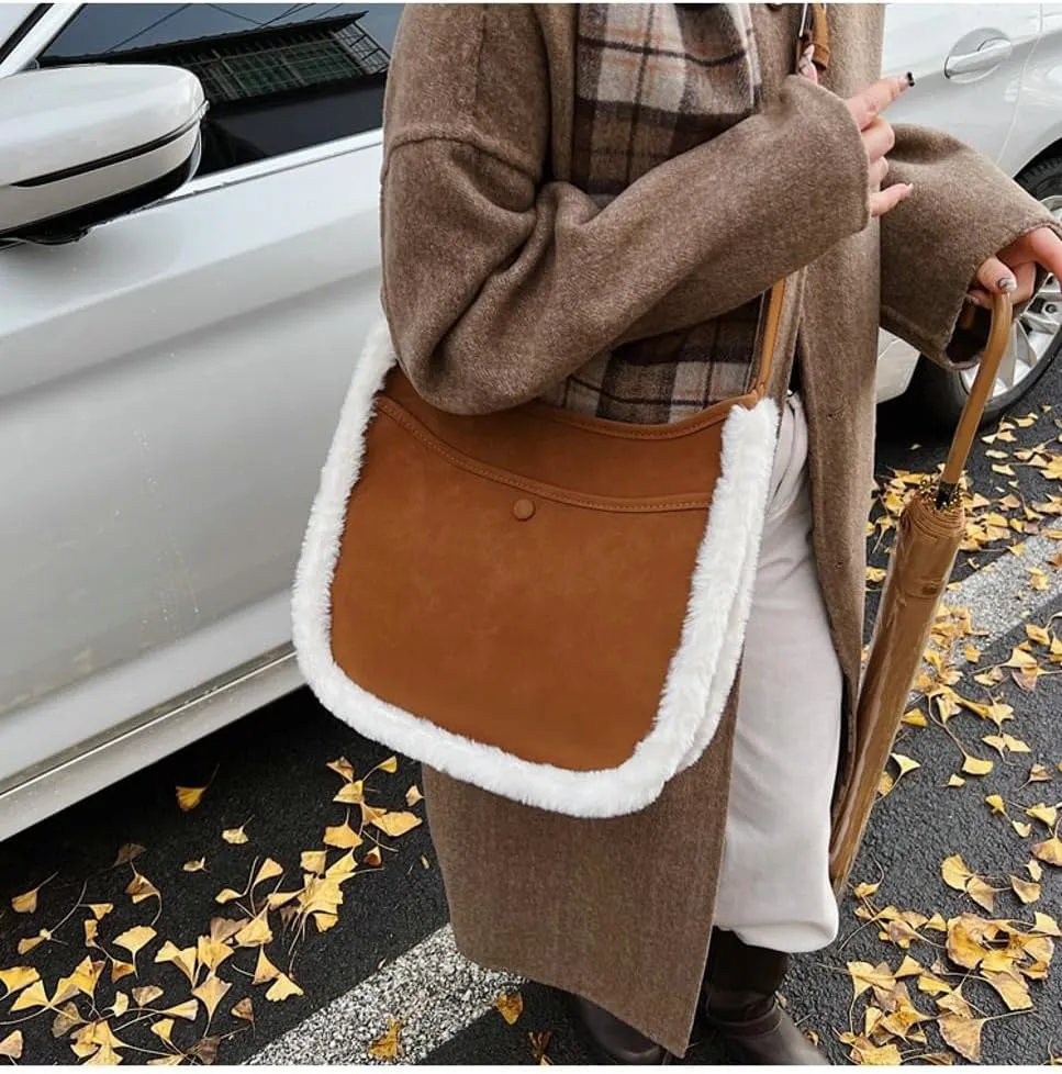 Slouchy Suede Crescent Shoulder Bag Women Trendy Hobo Bags Crossbody Purse Cute Plush Satchels Bag Top-handle Tote Handbag
