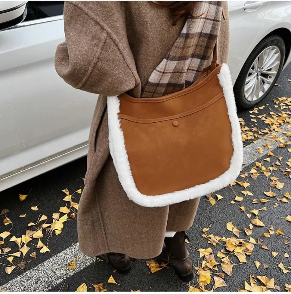 Slouchy Suede Crescent Shoulder Bag Women Trendy Hobo Bags Crossbody Purse Cute Plush Satchels Bag Top-handle Tote Handbag