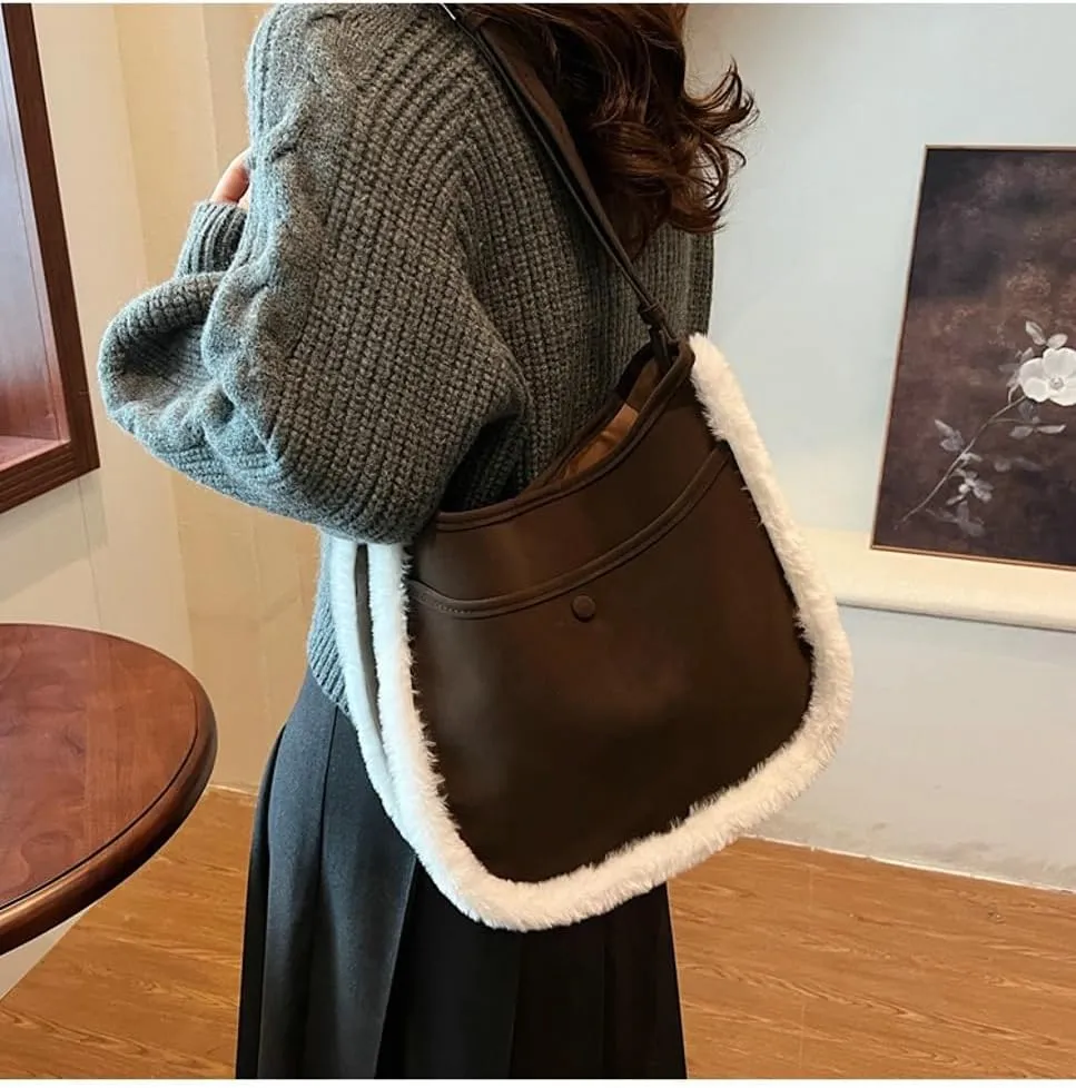 Slouchy Suede Crescent Shoulder Bag Women Trendy Hobo Bags Crossbody Purse Cute Plush Satchels Bag Top-handle Tote Handbag