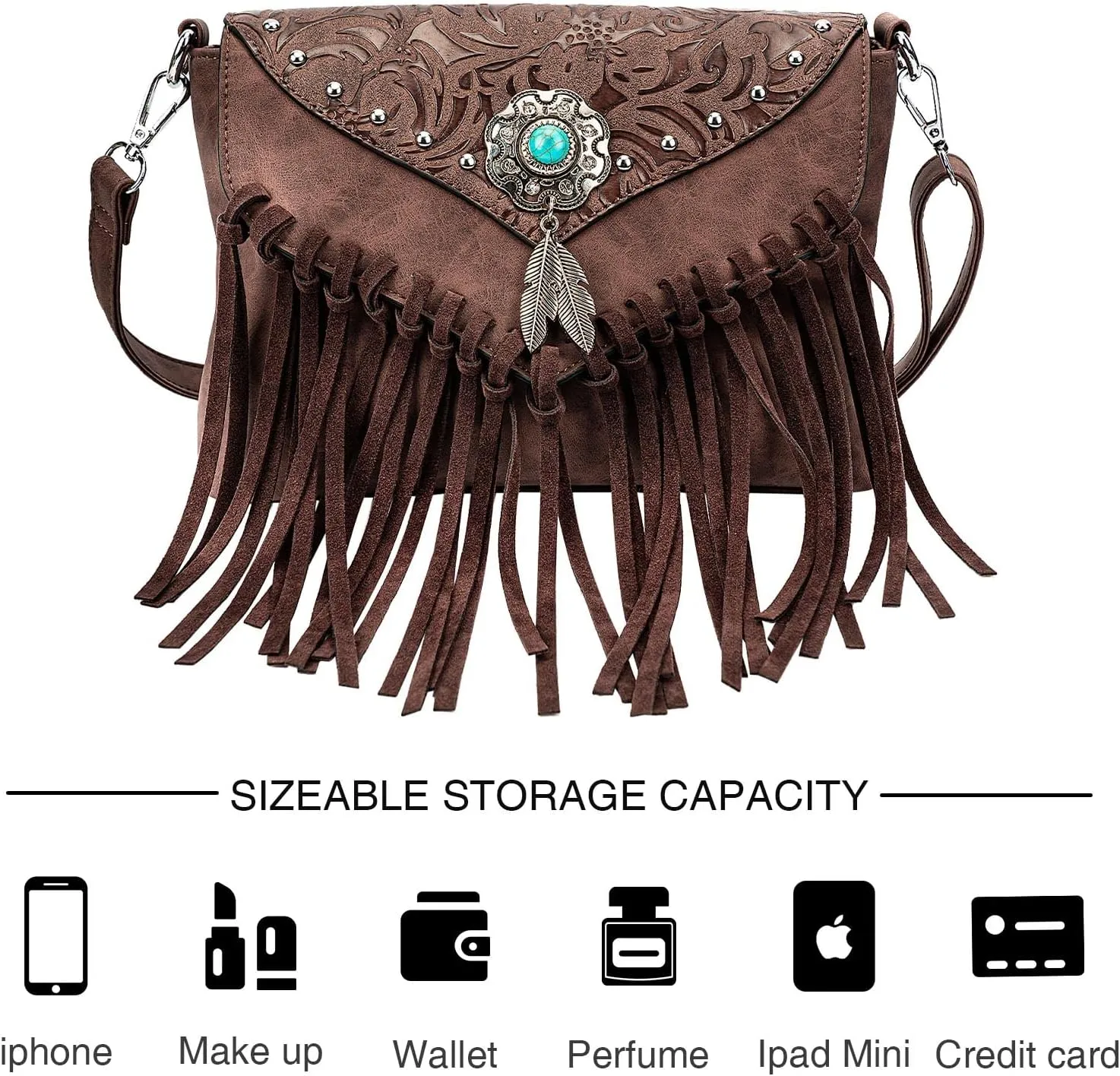 Small Crossbody Bags for Women Crossbody Handbag Fringe Purse Tassel Shoulder Bag Turquoise Concho Wallet