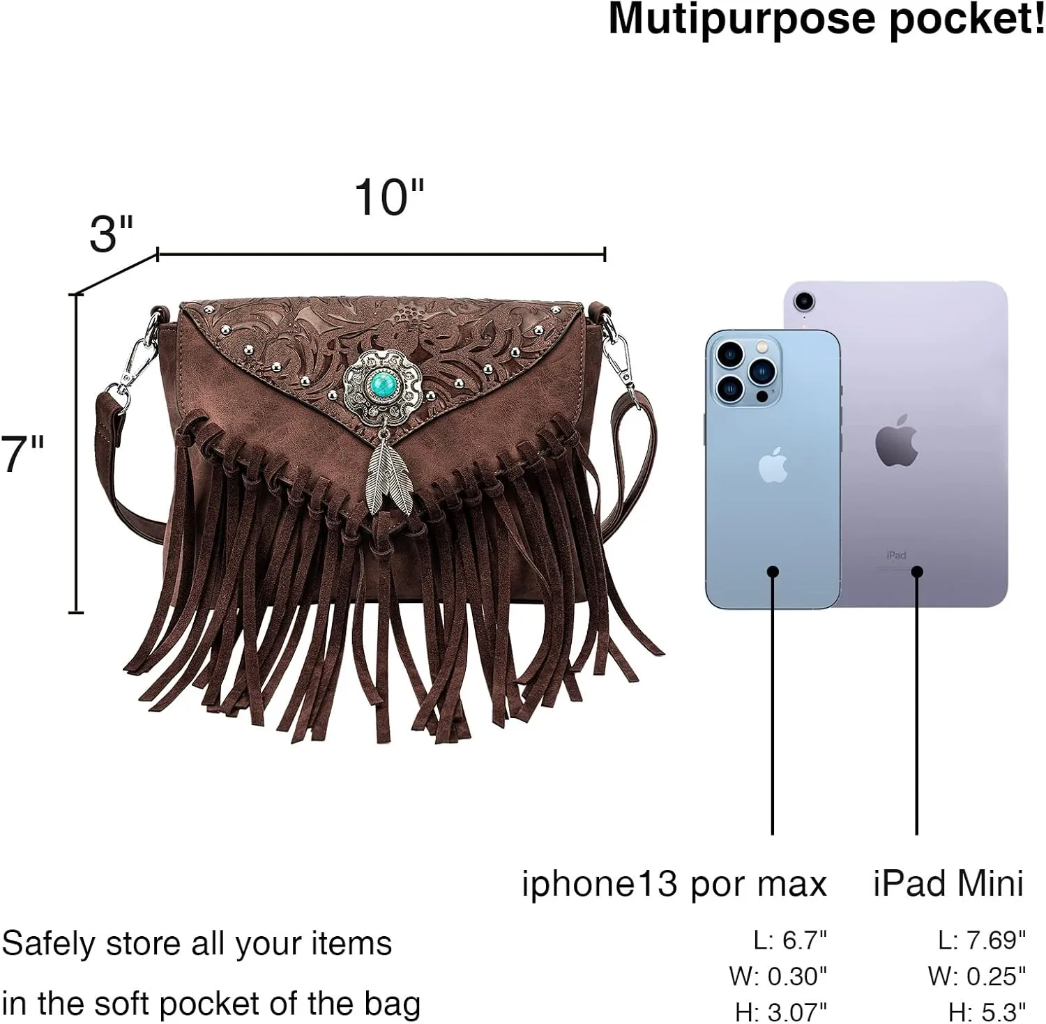 Small Crossbody Bags for Women Crossbody Handbag Fringe Purse Tassel Shoulder Bag Turquoise Concho Wallet