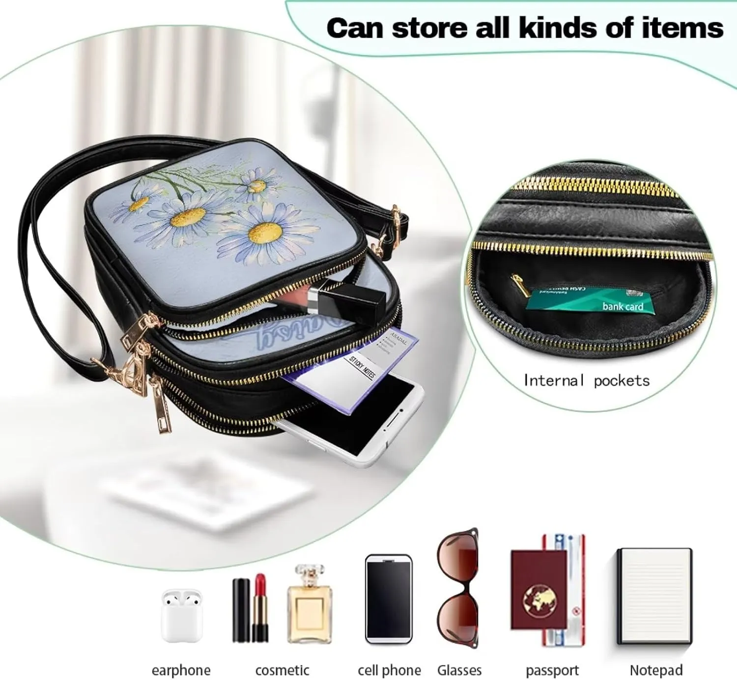 Small Crossbody Bags for Women, Daisy Sunflowers Cross Over Purse PU Leather Shoulder Handbags for Travel, Work
