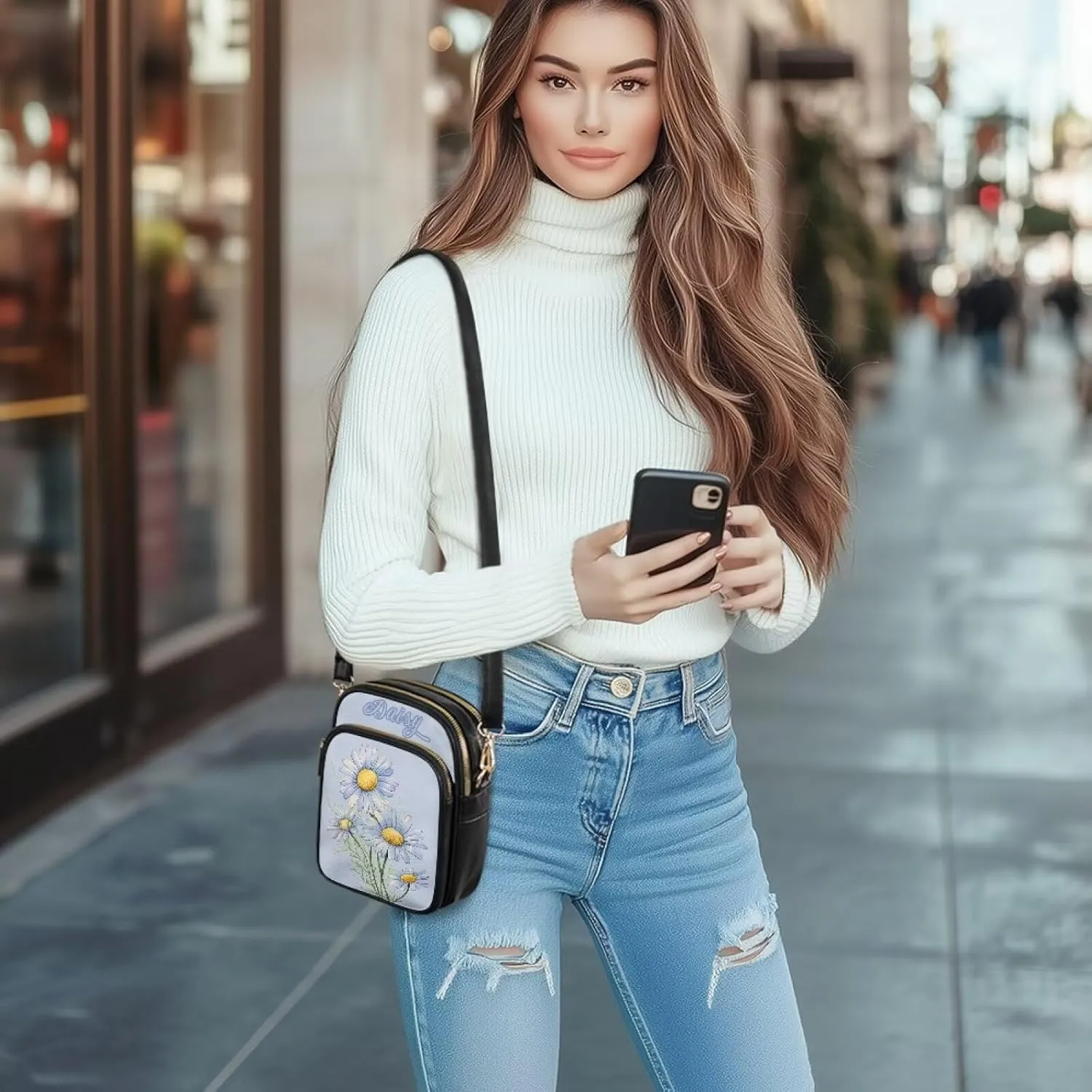 Small Crossbody Bags for Women, Daisy Sunflowers Cross Over Purse PU Leather Shoulder Handbags for Travel, Work