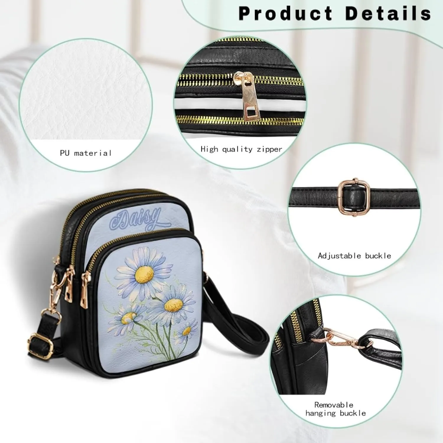 Small Crossbody Bags for Women, Daisy Sunflowers Cross Over Purse PU Leather Shoulder Handbags for Travel, Work