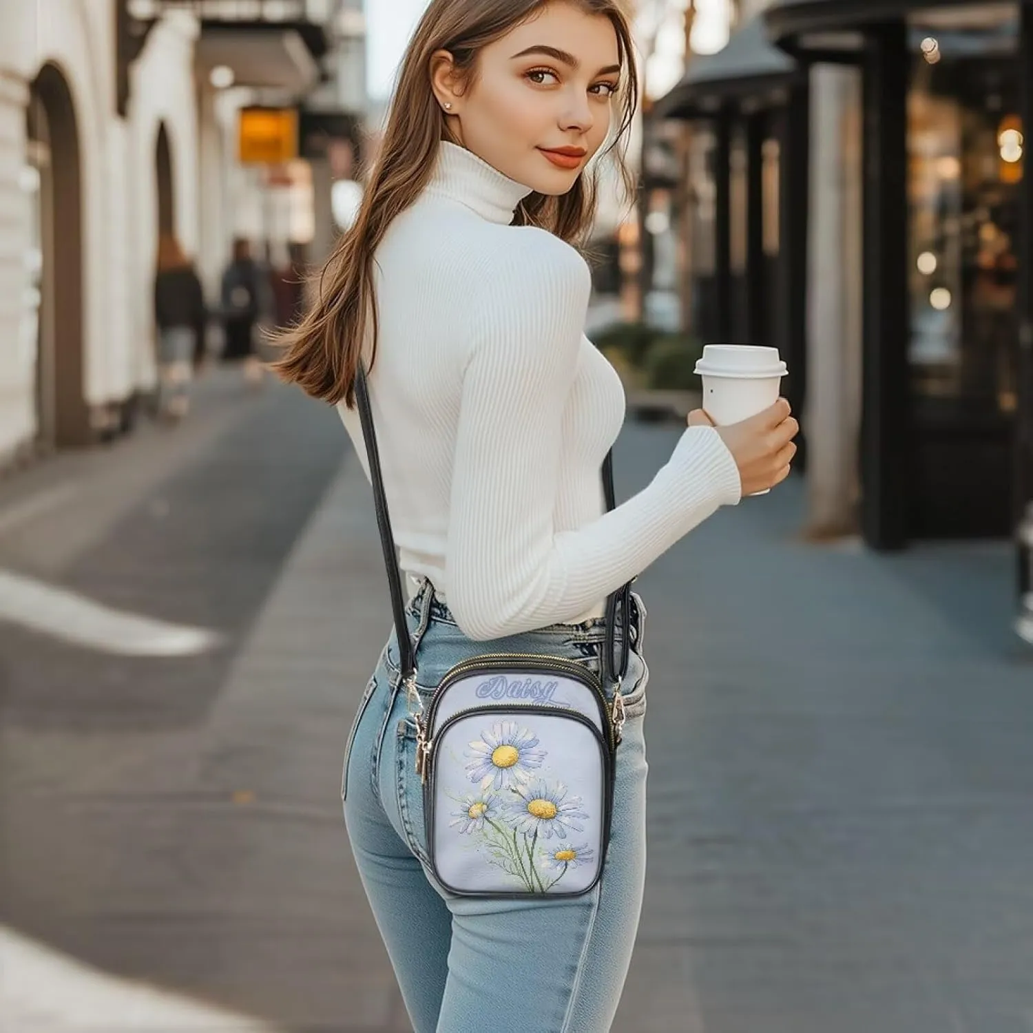 Small Crossbody Bags for Women, Daisy Sunflowers Cross Over Purse PU Leather Shoulder Handbags for Travel, Work