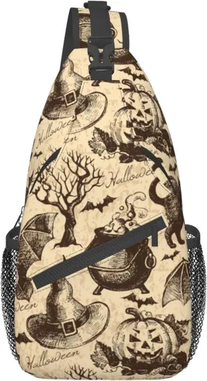Small Crossbody Sling Backpack Anti Theft Backpack For Traveling Chest Shoulder Bag (halloween decorations Black Cat Bat Pumpkin Skull Party Pattern)