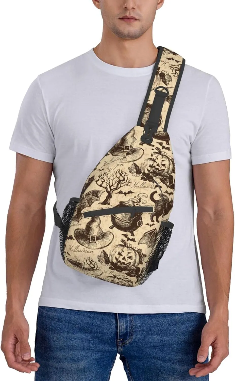 Small Crossbody Sling Backpack Anti Theft Backpack For Traveling Chest Shoulder Bag (halloween decorations Black Cat Bat Pumpkin Skull Party Pattern)