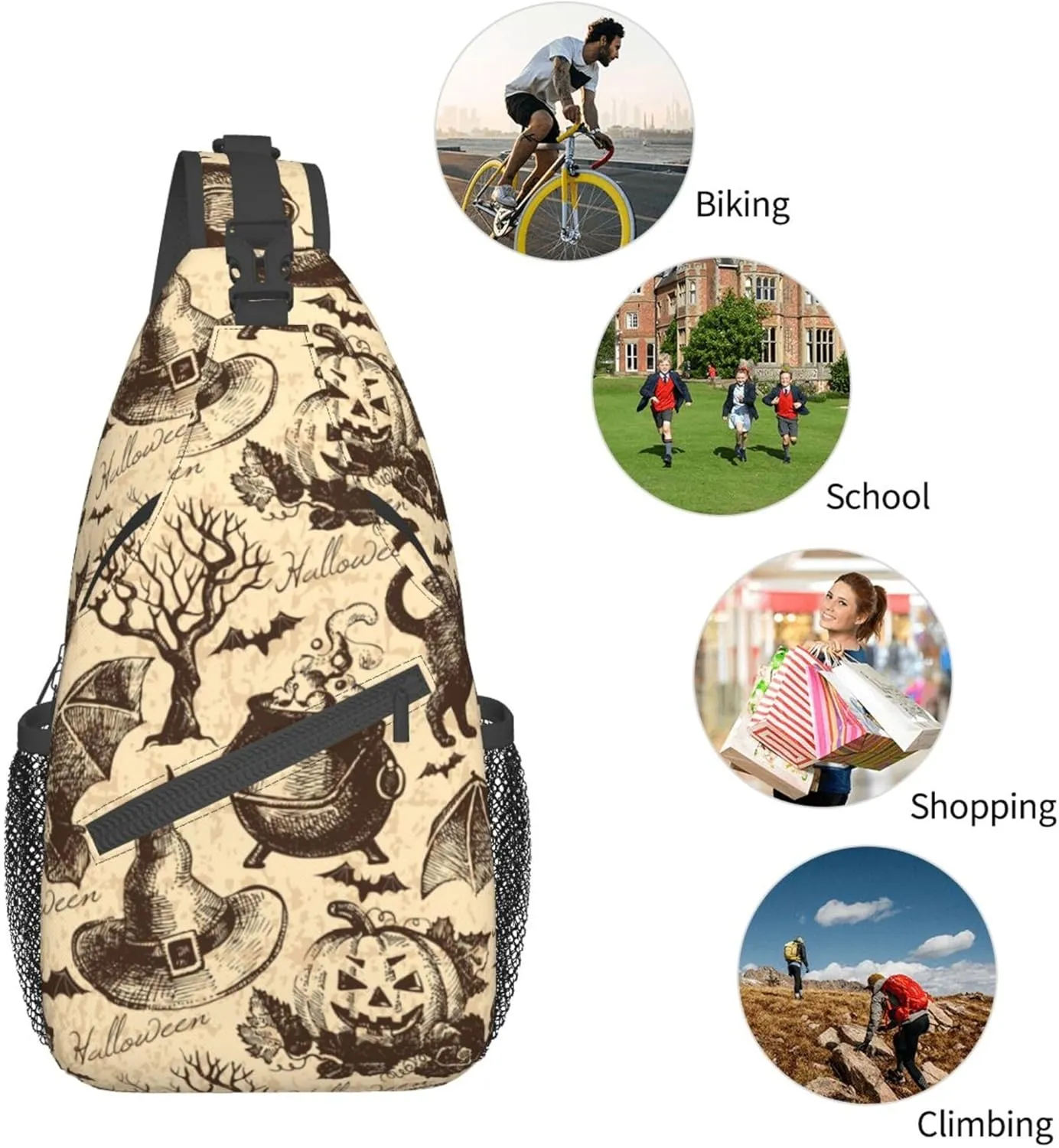 Small Crossbody Sling Backpack Anti Theft Backpack For Traveling Chest Shoulder Bag (halloween decorations Black Cat Bat Pumpkin Skull Party Pattern)