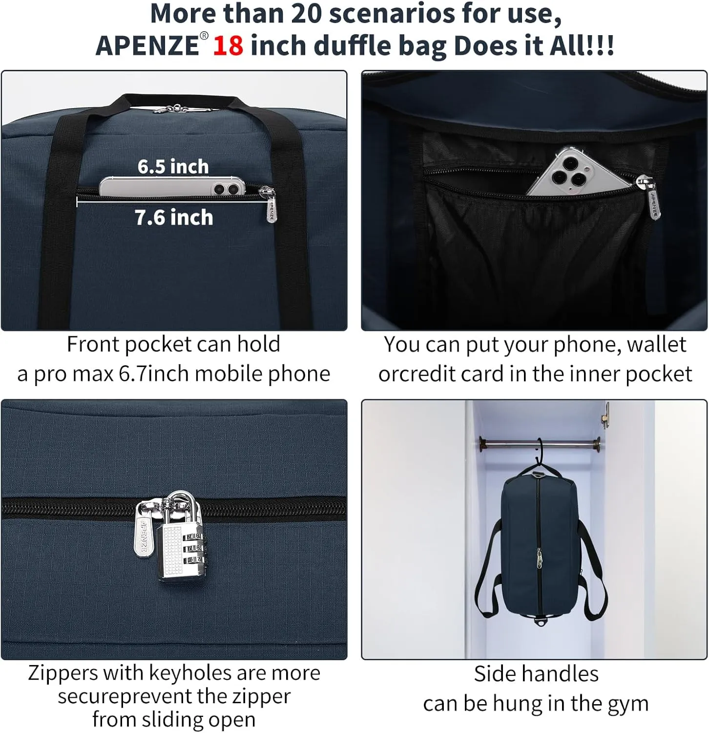 Small Gym Bag 18 inch Carry On Duffel Bag for Weekender Travel - Navy Blue