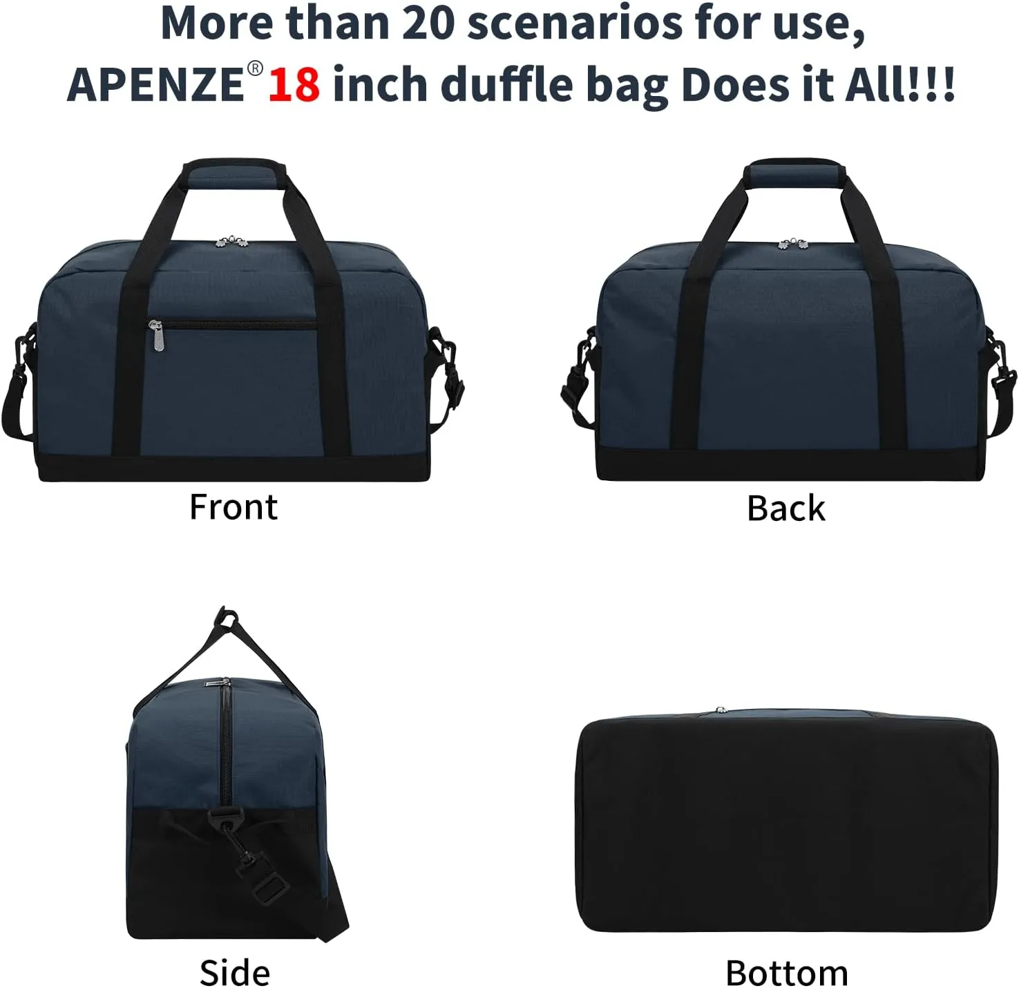 Small Gym Bag 18 inch Carry On Duffel Bag for Weekender Travel - Navy Blue