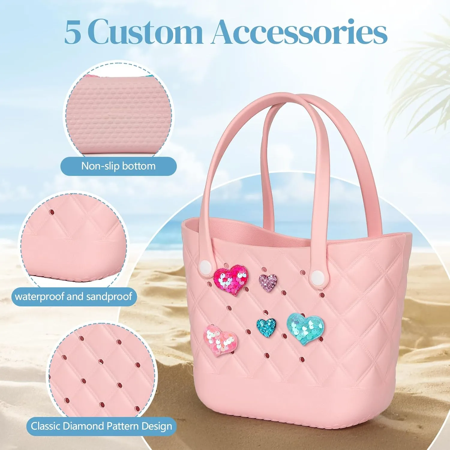 Small Rubber Tote Bag with 5 Charms Cute Beach Tote Small Rubber Bags for Women