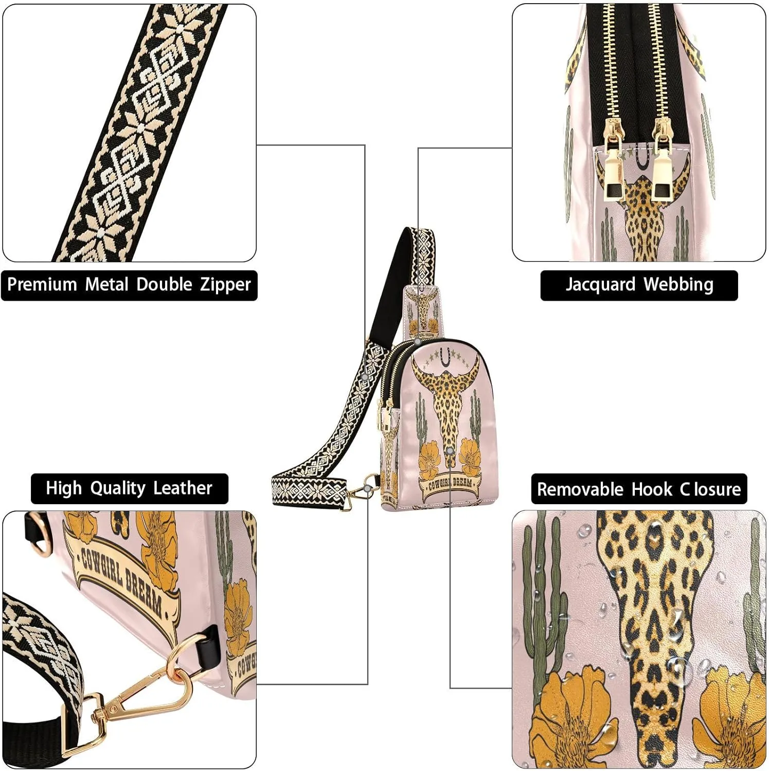 Small Sling Bag for Women Crossbody Leopard Print in Cow Skull Print Country Girl Trendy Crossbody Bag Fanny Pack with Guitar Strap Leather Chest Bag for Women Travel