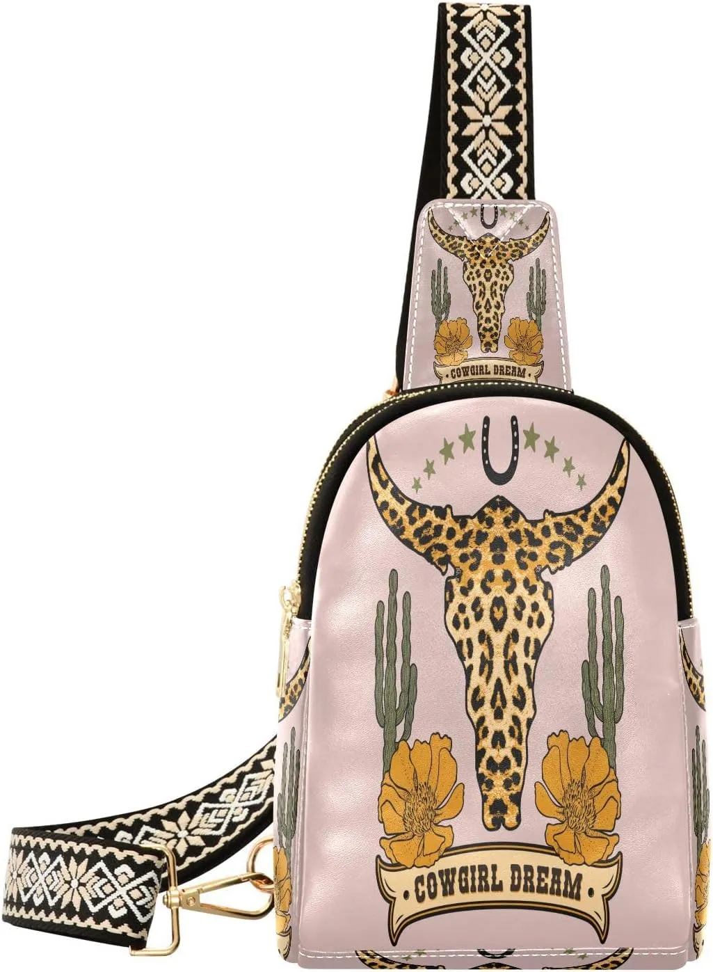 Small Sling Bag for Women Crossbody Leopard Print in Cow Skull Print Country Girl Trendy Crossbody Bag Fanny Pack with Guitar Strap Leather Chest Bag for Women Travel