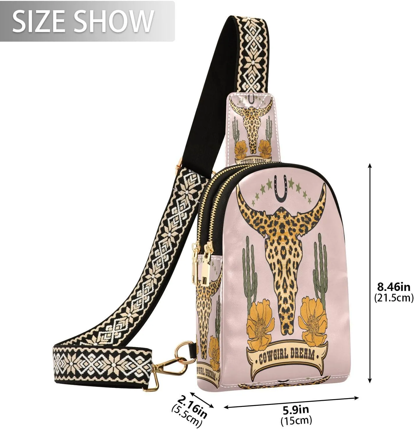 Small Sling Bag for Women Crossbody Leopard Print in Cow Skull Print Country Girl Trendy Crossbody Bag Fanny Pack with Guitar Strap Leather Chest Bag for Women Travel