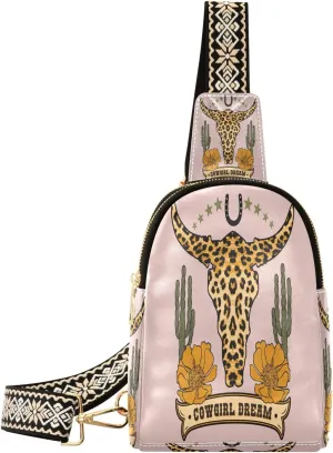 Small Sling Bag for Women Crossbody Leopard Print in Cow Skull Print Country Girl Trendy Crossbody Bag Fanny Pack with Guitar Strap Leather Chest Bag for Women Travel
