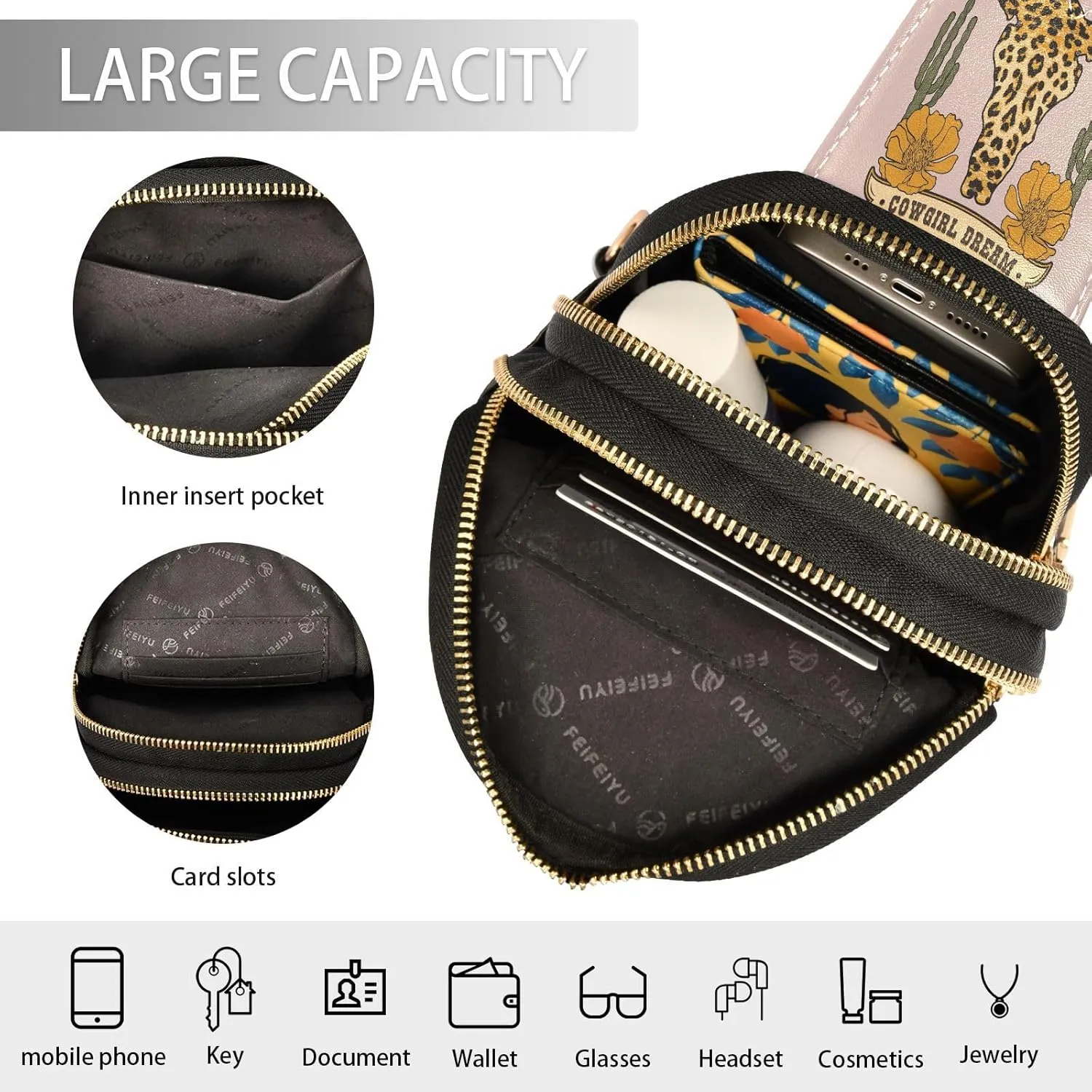 Small Sling Bag for Women Crossbody Leopard Print in Cow Skull Print Country Girl Trendy Crossbody Bag Fanny Pack with Guitar Strap Leather Chest Bag for Women Travel