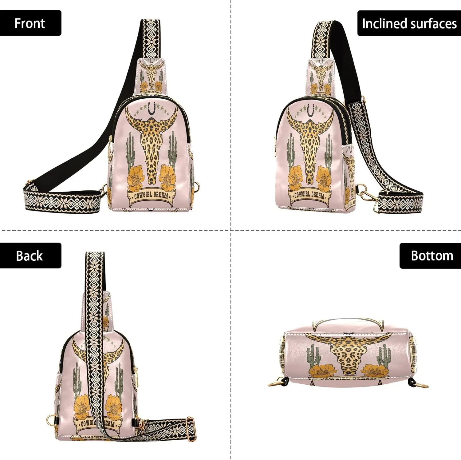 Small Sling Bag for Women Crossbody Leopard Print in Cow Skull Print Country Girl Trendy Crossbody Bag Fanny Pack with Guitar Strap Leather Chest Bag for Women Travel